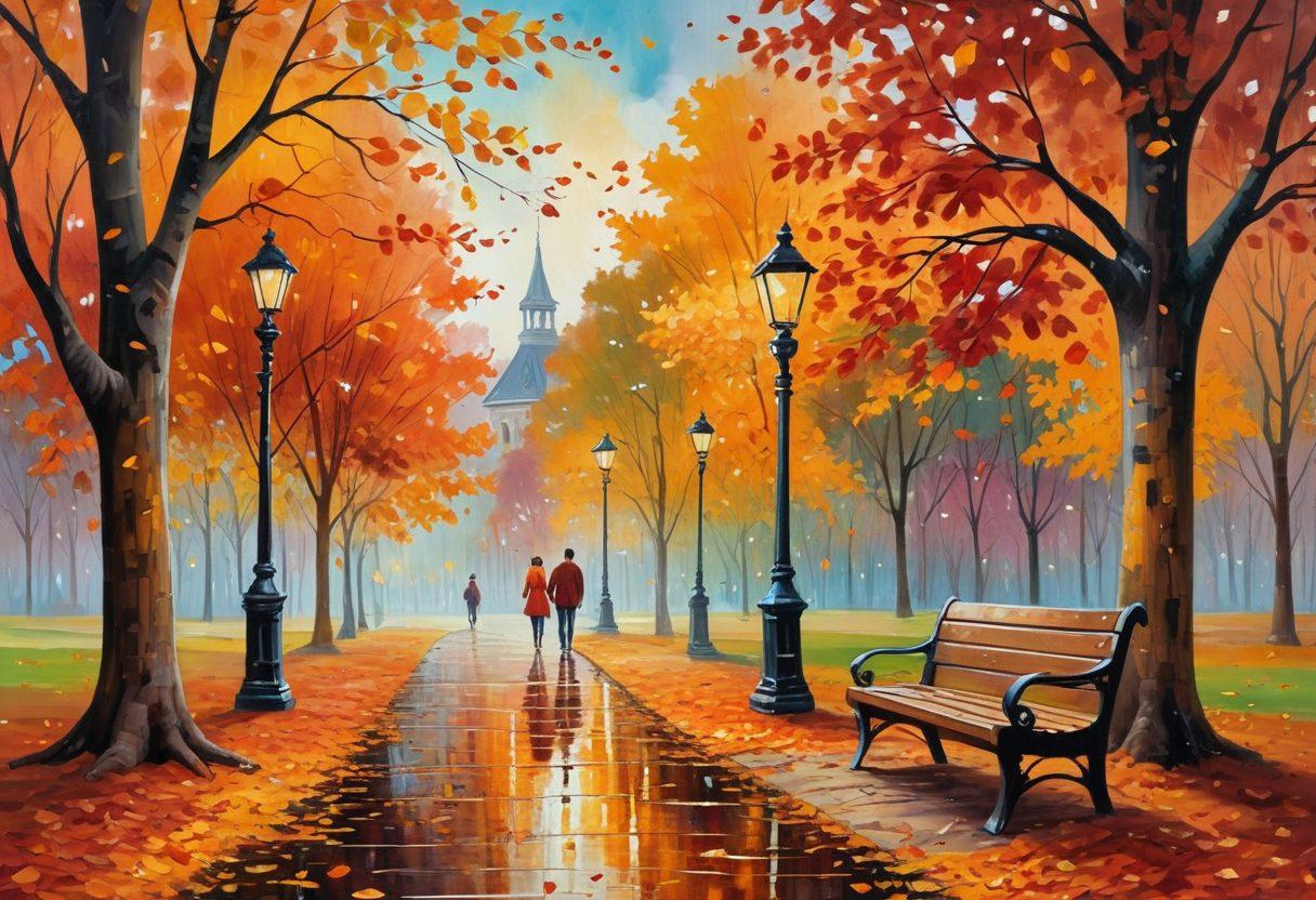 A loving couple holding hands, walking through a scenic park during autumn, surrounded by colorful falling leaves; their facial expressions radiate happiness and contentment. In the background, a cozy wooden bench and a rustic lamp post add charm, symbolizing comfort and future togetherness. painting. vibrant colors. warm tones.