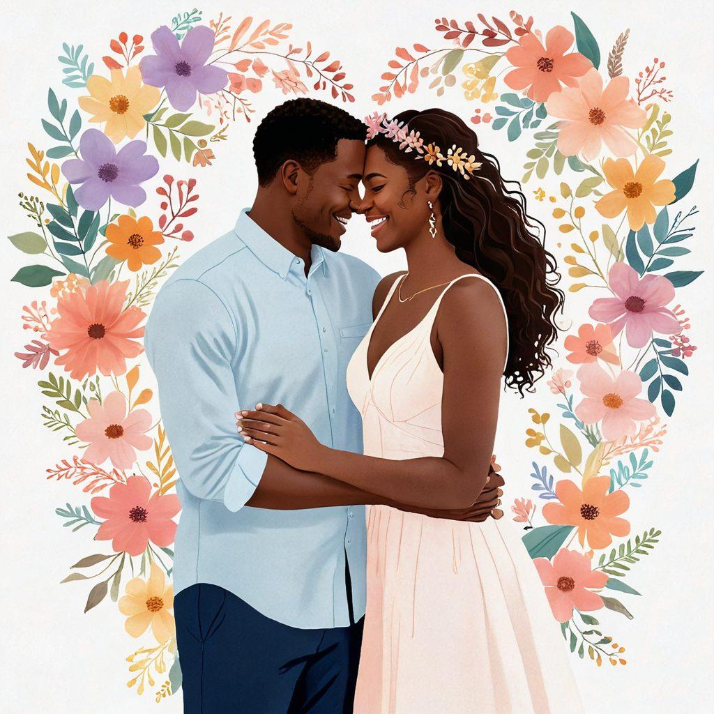 A heartfelt scene featuring a diverse couple embracing, surrounded by warm, soft lighting to evoke intimacy. In the background, subtle outlines of various love stories unfold like a tapestry—holding hands, sharing laughter, and exchanging vows. Incorporate symbols of growth like blooming flowers and connecting hearts, with an ethereal, inspiring blend of pastel colors and gentle light flares. super-realistic. vibrant pastel colors. white background.