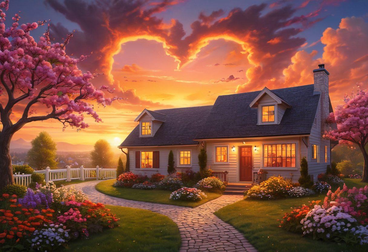 An elegant scene of a couple holding hands under a glowing sunset, surrounded by blossoming flowers and a heart-shaped cloud in the sky, symbolizing love. In the background, there's a path leading to a cozy home, representing the journey of a romantic relationship. super-realistic. vibrant colors. warm and inviting atmosphere.